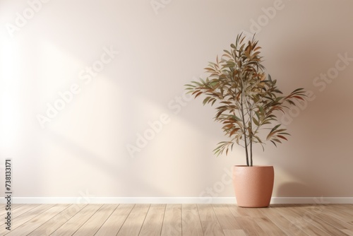 A potted plant sits in front of a beige wall.