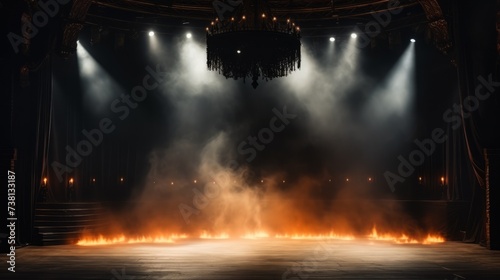 An empty theater stage on fire with a spotlight