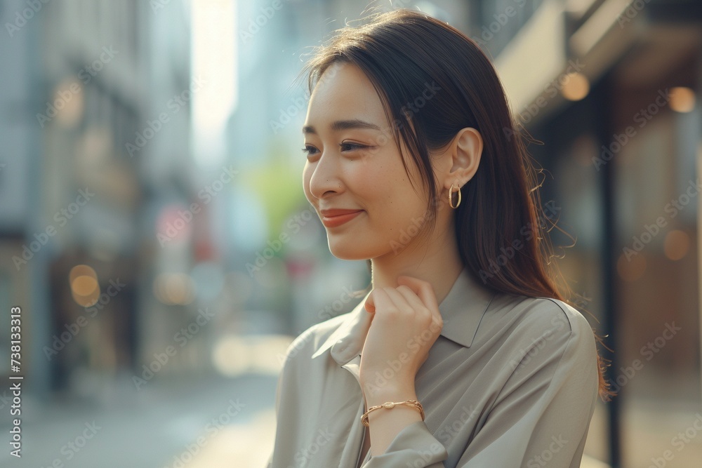 Experience the elegance of a Japanese businesswoman, aged 28, in a sophisticated light grey shirt, exuding confidence and authority in her demeanor Experience the elegance of a Japanese businesswoman, aged 28, in a sophisticated light grey shirt, exuding confidence and authority in her demeanor