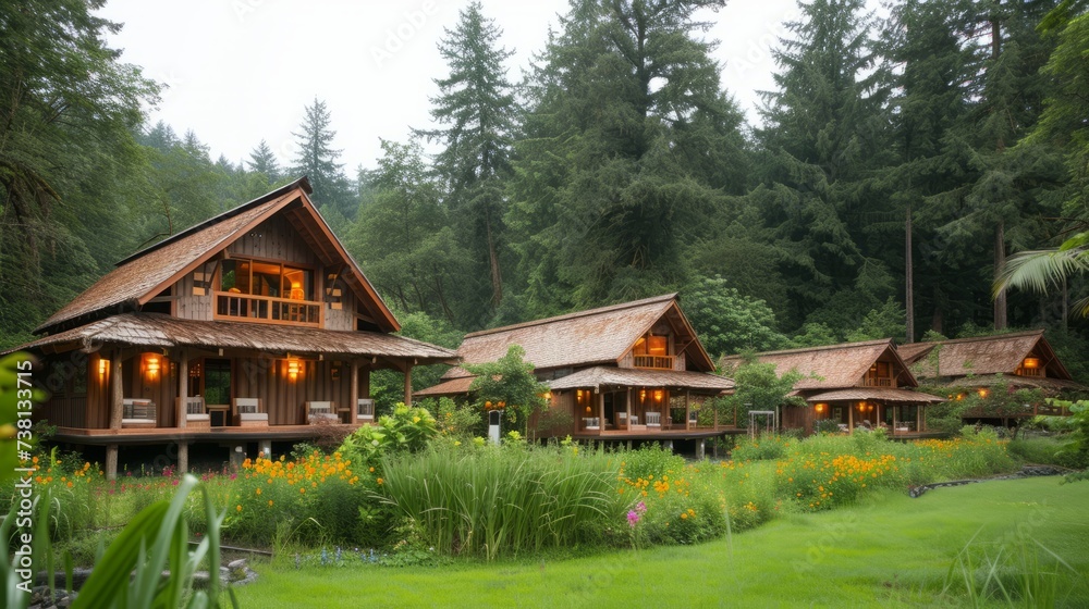Wooden houses with thatched roofs in a forest Wooden houses with thatched roofs in a forest
