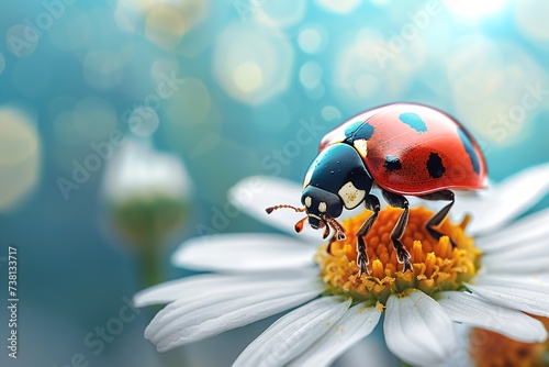 macro ladybug sits on a daisy flower with blurred bokeh background
