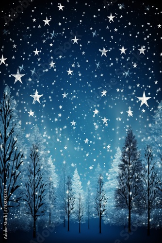 Blue starry night winter forest