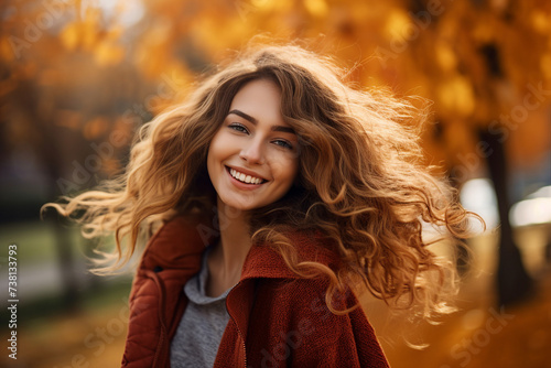 Portrait of a beautiful gorgeous young woman in autumn forest created with generative AI