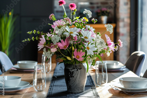 Summer Flowers Bouquet in a Vase on a Set Table in a Modern Dining Room