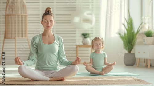 A woman and a young girl are sitting cross-legged on mats in a meditative pose with eyes closed  practicing yoga in a serene indoor environment.