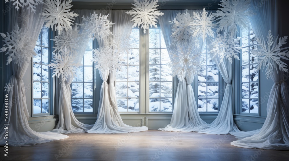 Winter wonderland room with snowflakes and snow-covered trees outside the windows - obrazy, fototapety, plakaty 