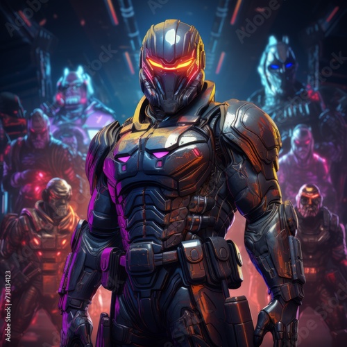 A group of soldiers in futuristic armor are standing in a dark room. The soldiers are all wearing helmets and carrying guns. The room is lit by a few spotlights.