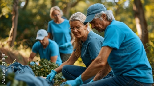 A team of retirees in matching ecofriendly tshirts cleaning up a park and sorting recyclables to reduce waste.