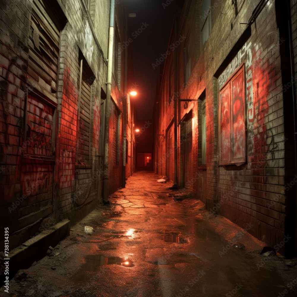 A dark and eerie alleyway with red lights