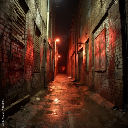 A dark and eerie alleyway with red lights