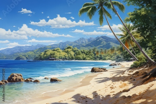 Beach, palm trees, blue water, white sand, paradise, vacation, travel, summer, sun, tropical, island photo