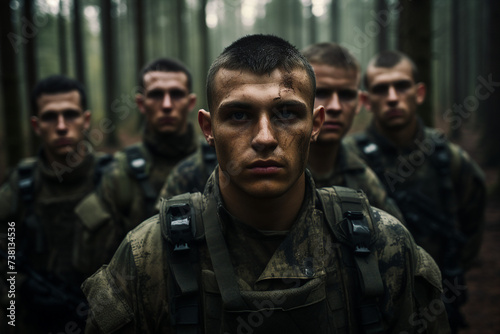 Picture of confident strong soldiers fully equipped looking camera in a forest made with generative ai