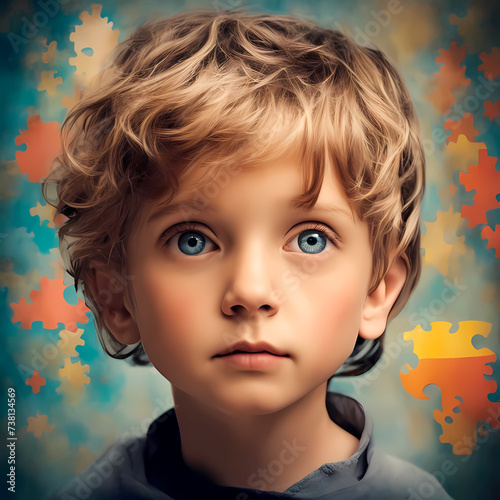close-up portrait of a child 4-5 years old, blond hair, big blue eyes, thoughtful sad look, associativity and communication problems