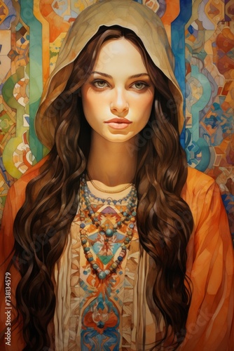 An illustration of a young middle eastern woman in a colorful headdress and dress with a neutral expression on her face