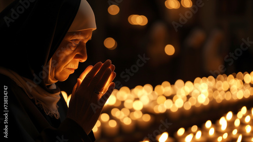 Nun in black monastic robes praying in monastery hands folded, many candles in the background