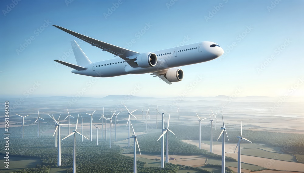 White airplane, sleek, high in blue sky, wind turbines underneath. The landscape under the airplane is green, with turbines for sustainability. White airplane, sleek, high in blue sky, wind turbines underneath. The landscape under the airplane is green, with turbines for sustainability.
