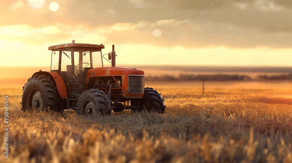 Fototapeta premium Tractor in wheat field at sunset.