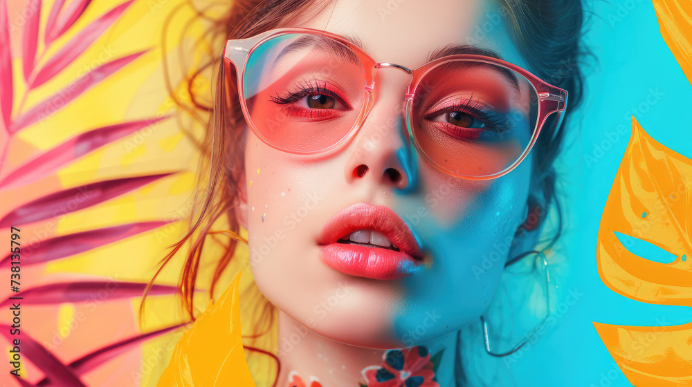 Vibrant portrait of a stylish woman with pink sunglasses surrounded by colorful tropical leaves.