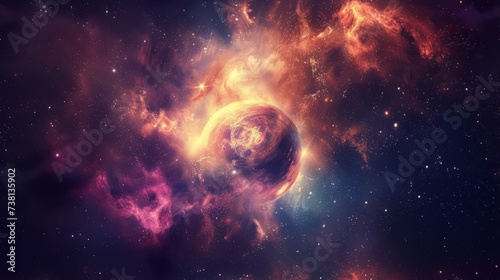 The Glowing Purple and Orange Nebula with a Glowing Planet