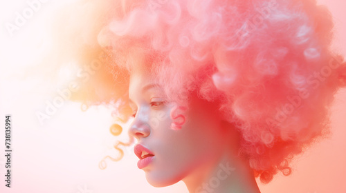 African woman in a big curly fuzz peach color wig. Background.