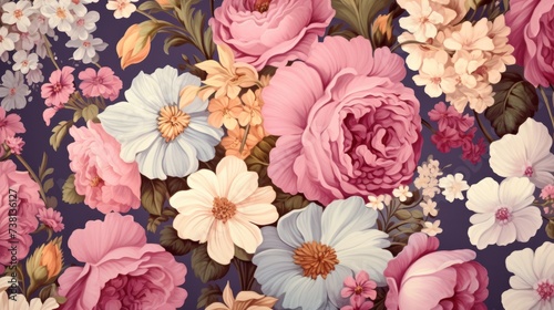Vintage floral seamless pattern with pink and white roses, peonies, and other flowers on a dark background