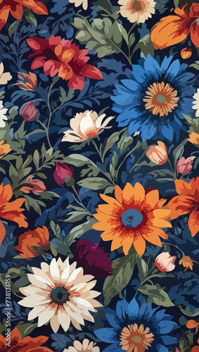 A Beautiful flowers Seamless Pattern on dark background.  