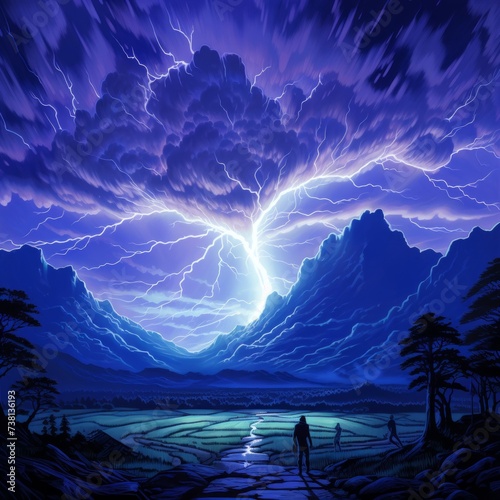 People walking through a valley during a lightning storm photo