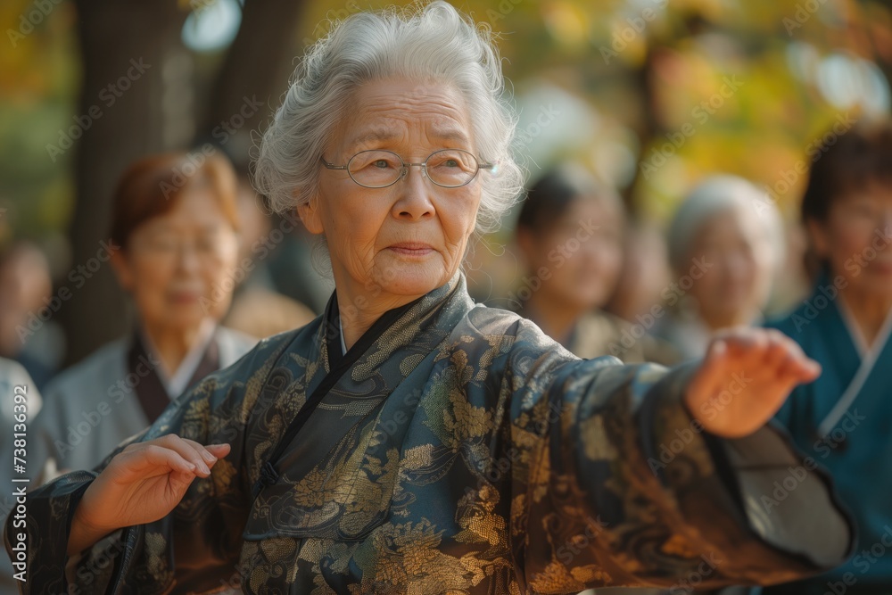 Tai Chi Practice: A group of elderly people practices Tai Chi in a tranquil outdoor setting, following slow, flowing movements that promote balance, coordination, and mental relaxation