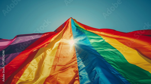 Pride month and inclusivity  support of LGBTQ. LGBT rainbow flags being waved in the air at a pride event. Wave LGBTQ gay pride flags. Equality Parade. Pride rainbow LGBTQ  gay flag being waved 