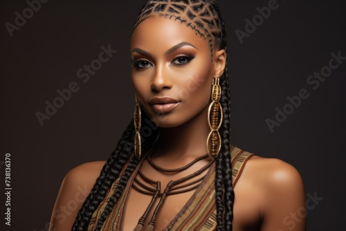 portrait of a beautiful black woman with long braided hair wearing a brown and gold dress