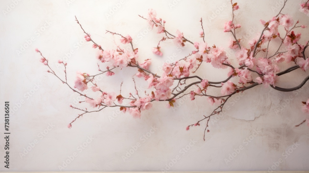 A delicate branch of pink cherry blossoms against a beige background