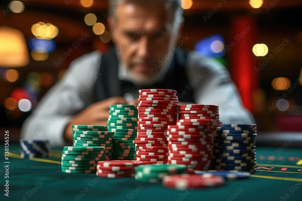 Man in casino. A skilled poker player competes in high-stakes tournaments at the casino, using their strategic prowess and poker face to outwit opponents and win big prizes