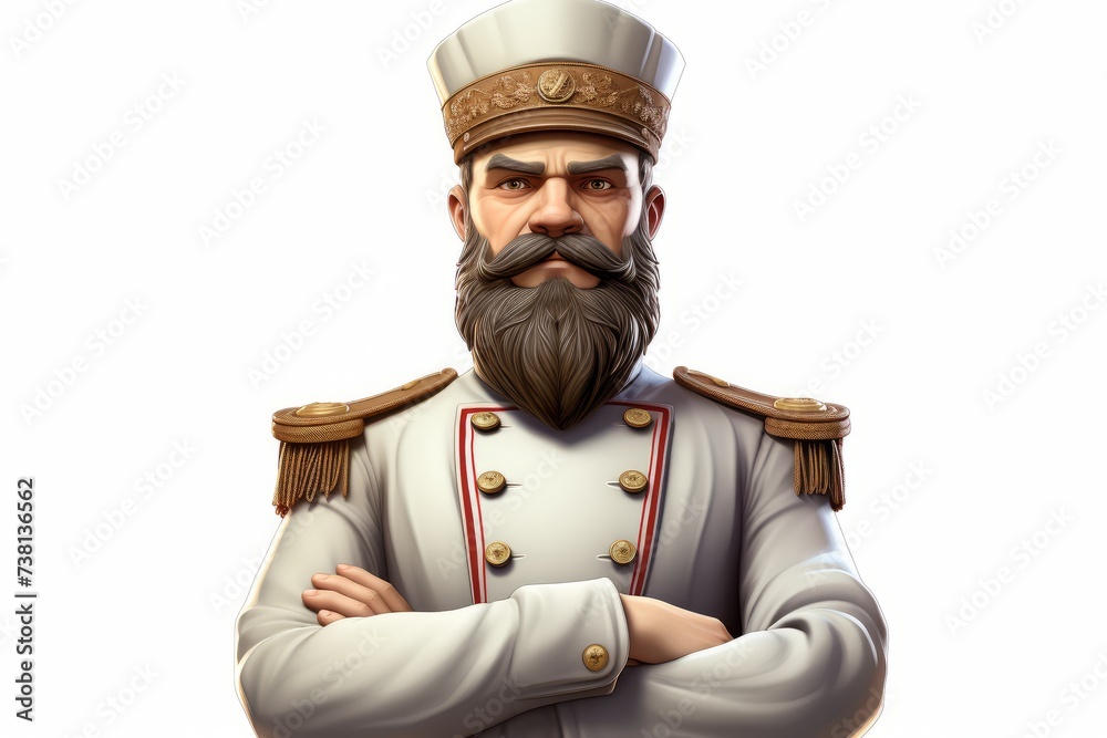 An illustration of a man in a white military uniform with gold ...