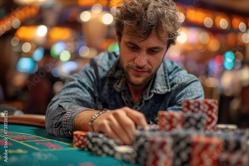 Man in casino. A skilled poker player competes in high-stakes tournaments at the casino, using their strategic prowess and poker face to outwit opponents and win big prizes