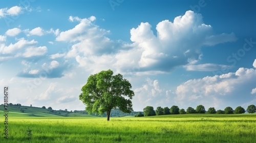 Tree in the middle of a lush green field with white clouds and blue sky
