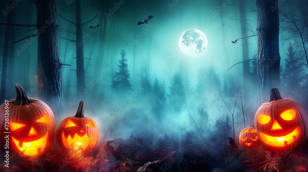 Halloween pumpkins in a spooky forest