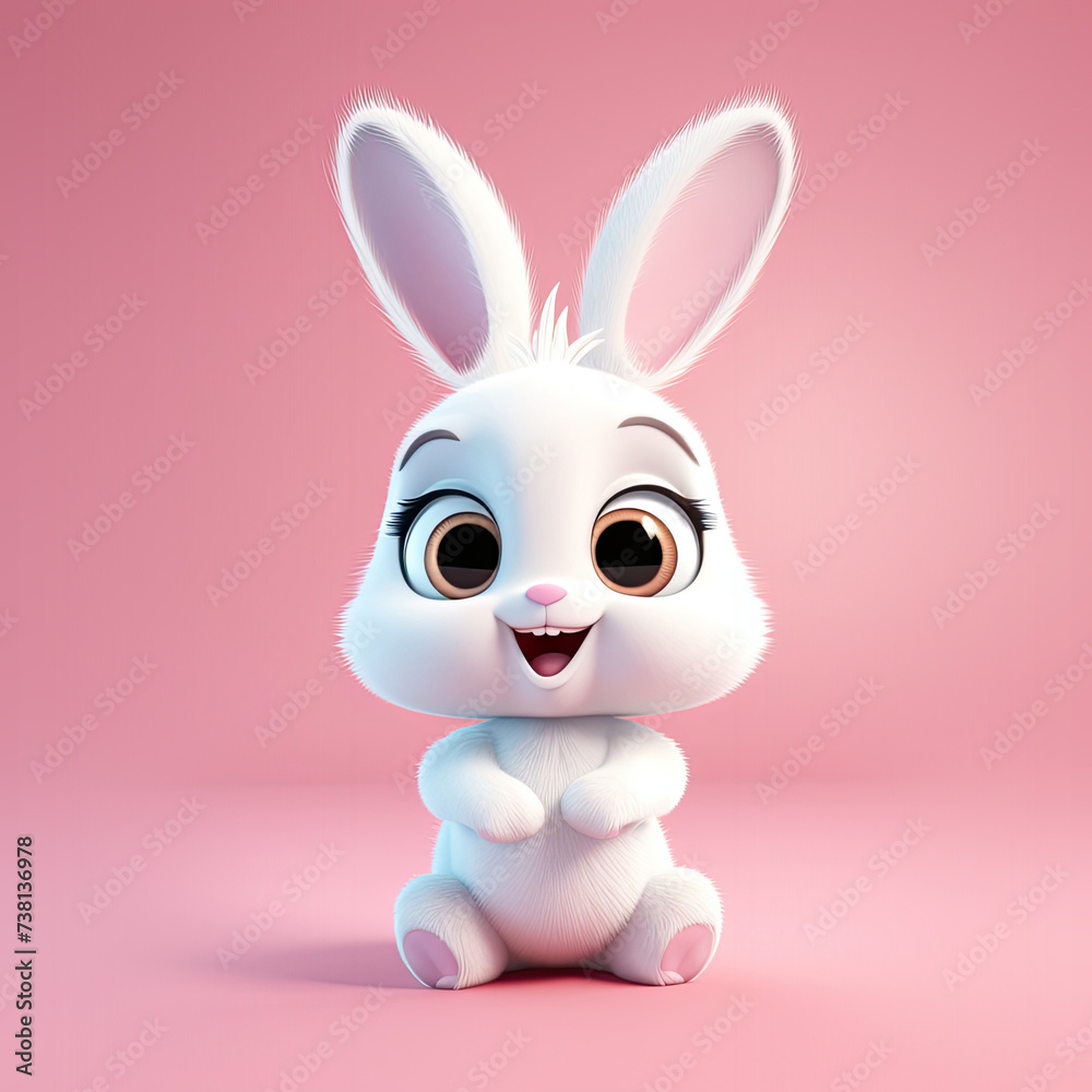 Cute Cartoon Easter  Bunny on a Pink Background