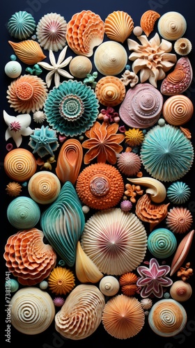 An artistic collage of various types of seashells and other marine life