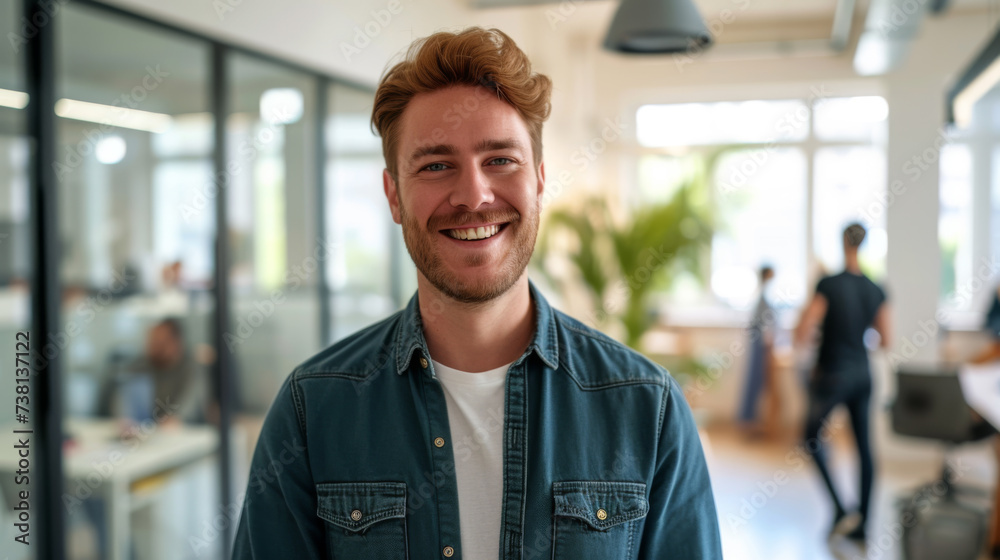 A confident man stands with arms crossed in a modern office environment, embodying leadership and professionalism with his team in the background. A confident man stands with arms crossed in a modern office environment, embodying leadership and professionalism with his team in the background.