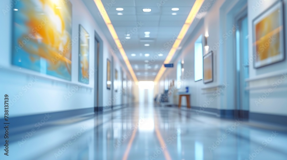 An Empty Hospital hallway with paintings on the wall An Empty Hospital hallway with paintings on the wall