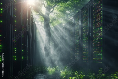 Green data center in the middle of the forest with sun rays shining through the trees