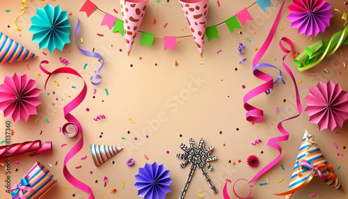 Colorful display of party decorations, including ribbons, and flowers on a light background