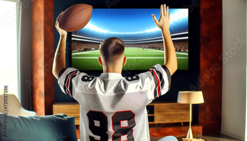 Excited Football Fan Cheering in Front of TV During a Game