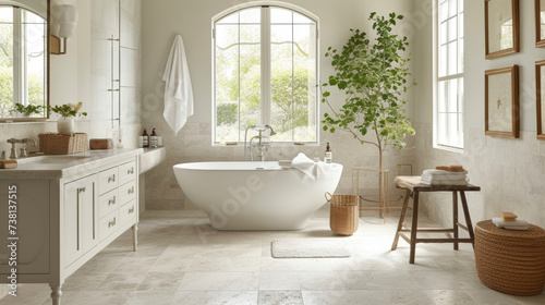 Create a spalike retreat in your bathroom with expertly installed tile flooring from our spets. This image features a serene bathroom with a beautiful tile pattern adding