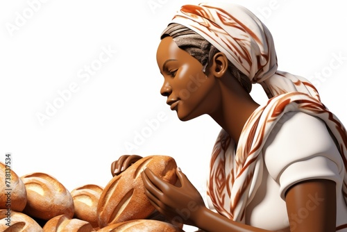 An African woman wearing a headscarf is holding a loaf of bread