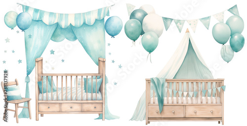 Set of watercolor cute nursery art, for baby boy, pastel teal blue color scheme, isolated on transparent background