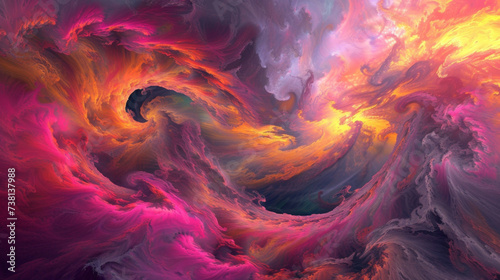 Abstract shapes and swirls form an otherworldly landscape evoking the intense energy of a solar flare. Vibrant hues of pink orange and purple create a dreamlike scene that