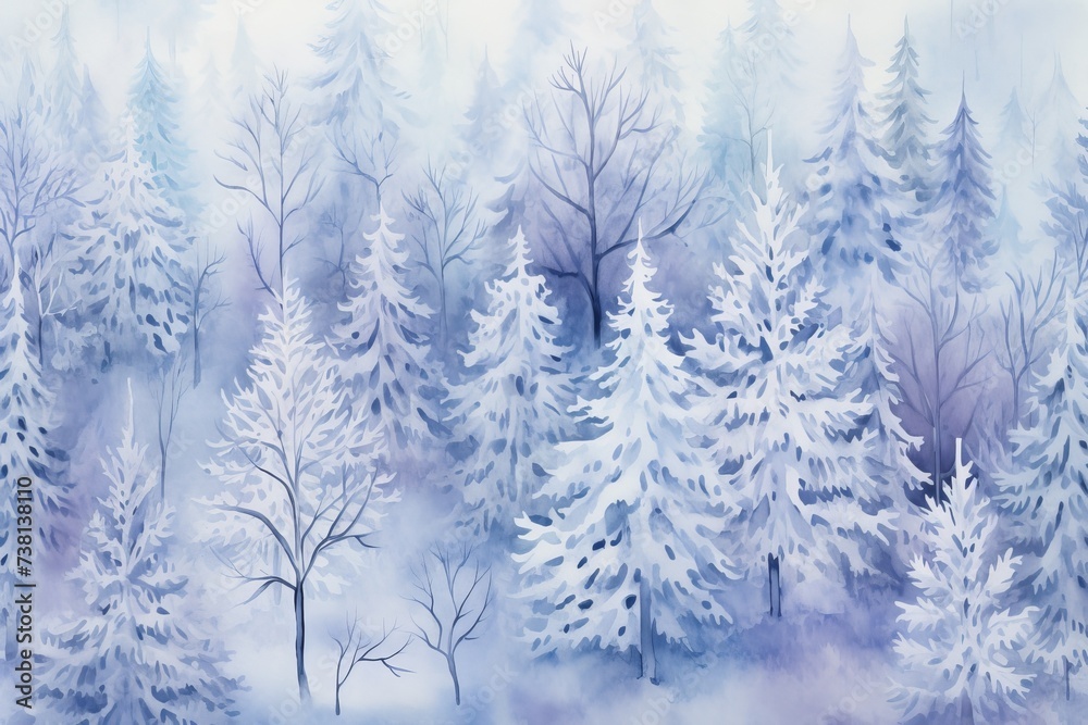 An illustration of a snowy forest with blue and purple trees An illustration of a snowy forest with blue and purple trees