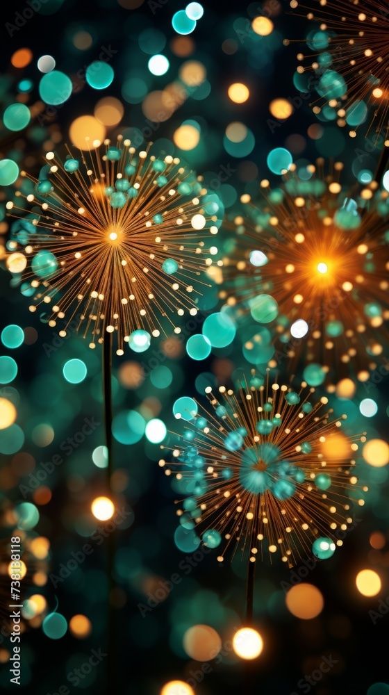 Naklejka premium Glowing Dandelions with Teal and Gold Bokeh