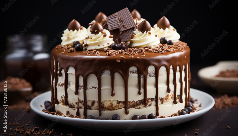 Homemade chocolate cake slice, a sweet indulgence on a plate generated by AI Homemade chocolate cake slice, a sweet indulgence on a plate generated by AI